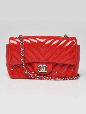 Chanel Red Chevron Quilted Patent Leather Classic Rectangular Mini Flap Bag
